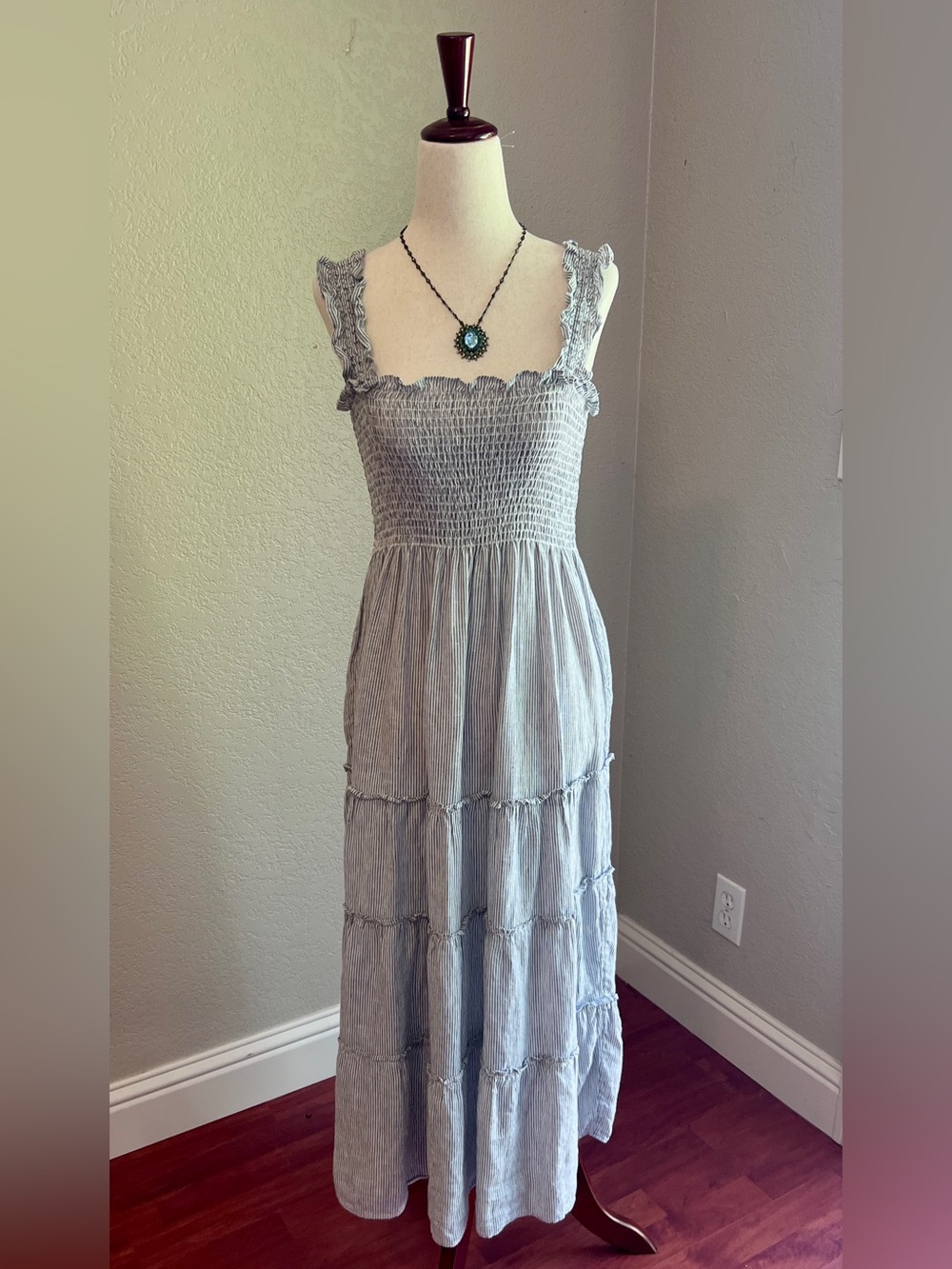 Quince 100% Linen Blue Pinstripe Smocked Midi Dress SMALL